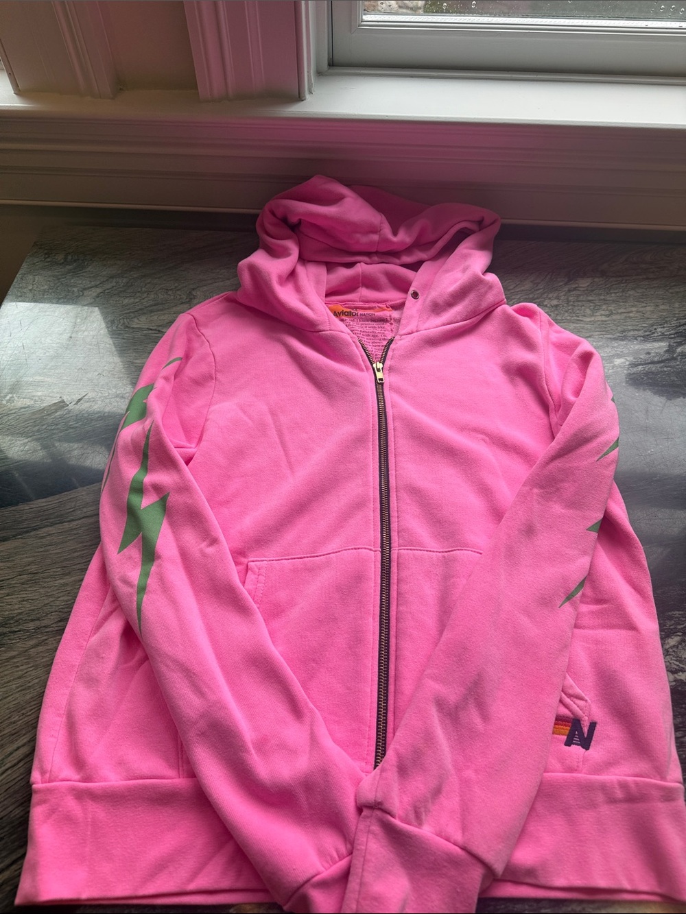Aviator Nation Hot Pink Zip Hoodie with Green Lightning Sleeves